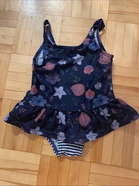 Navy Floral Ruffle Kids One-Piece Swimsuit